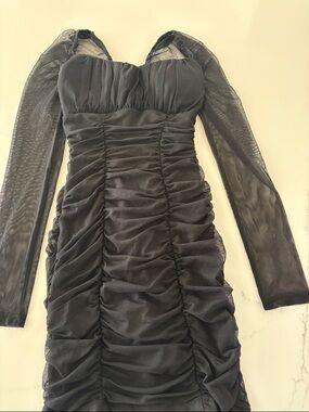 City Studio Black Ruched Mesh Long Sleeve Bodycon Dress